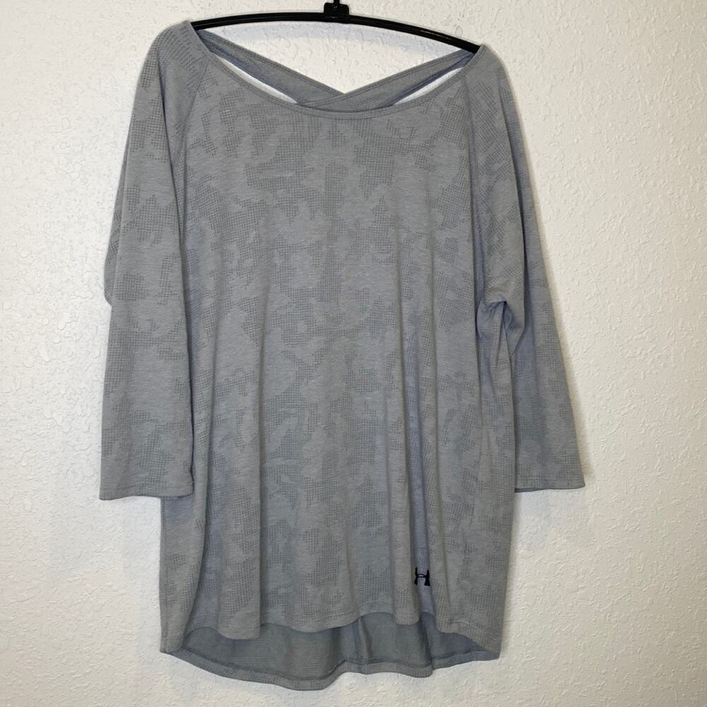 Under Armour Gray Abstract Design Criss Cross Back Athletic Top EUC Sz Lg
